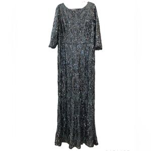 Cachet silver sequined light teal 3/4 sleeve maxi dress